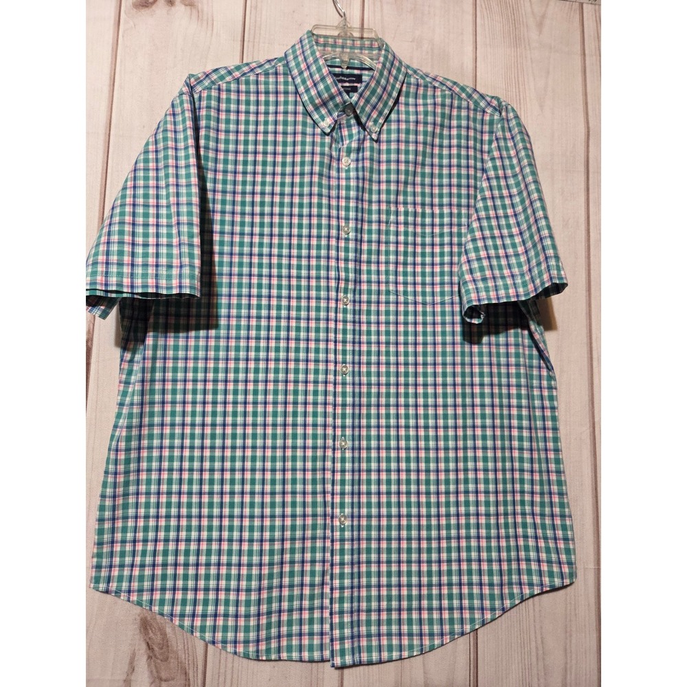 Croft & Barrow Mens Large Green Blue Pink Plaid Easy Care Short Sleeve Shirt